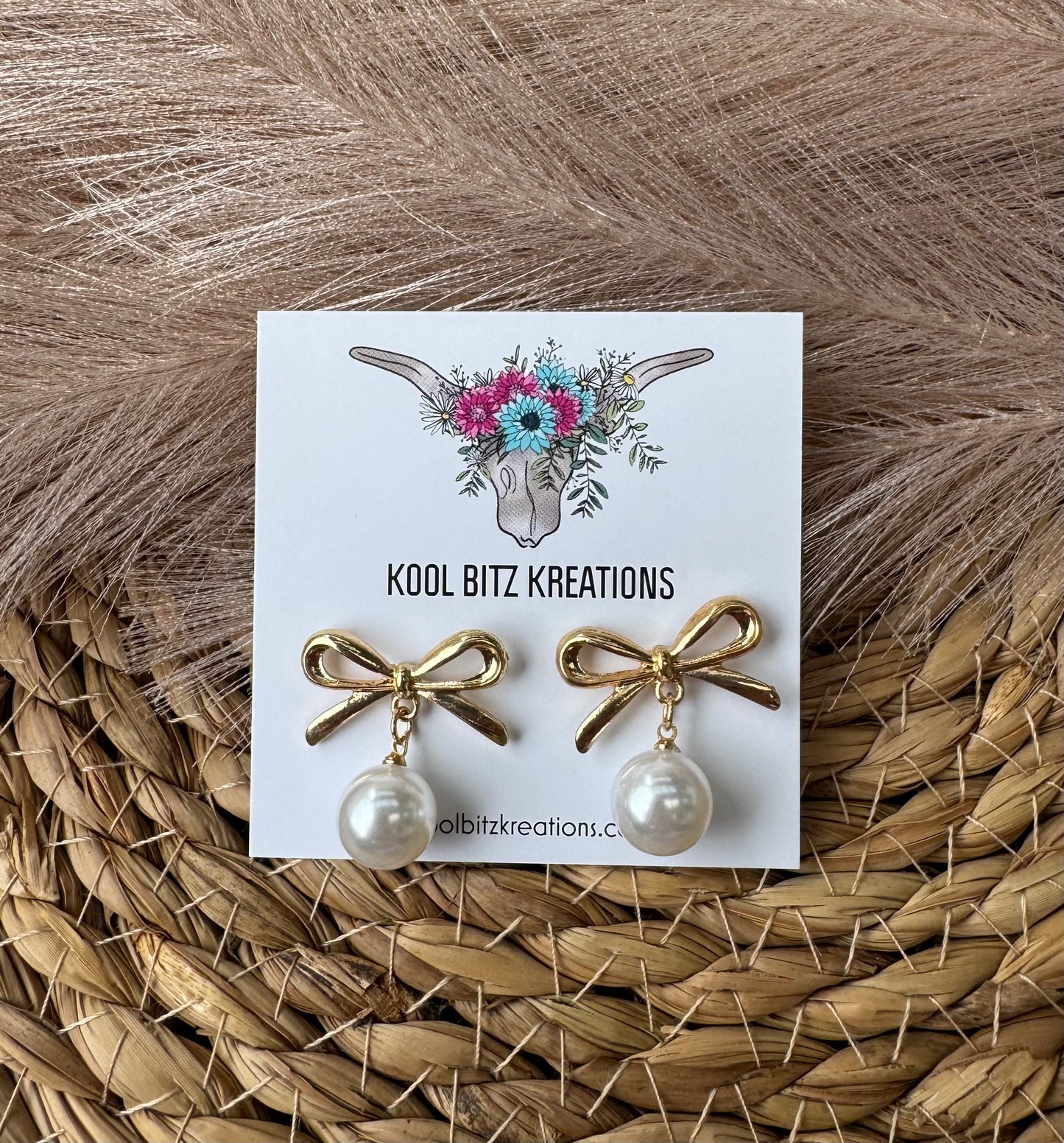 Gold Bow & Pearl Studs