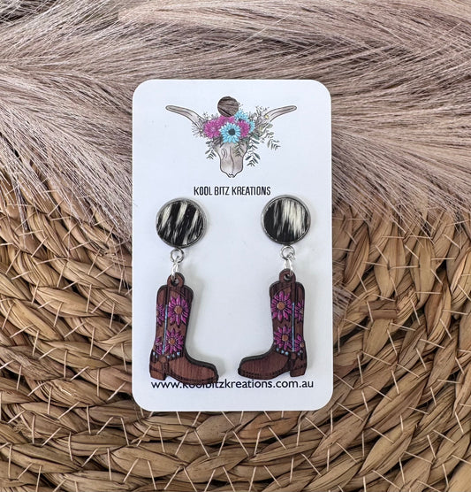 Black Cowhide Pink Floral Boots