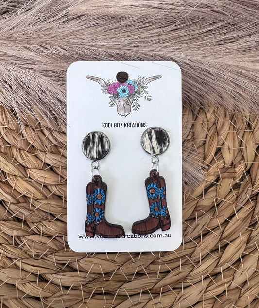 Black Cowhide Blue Floral Boots