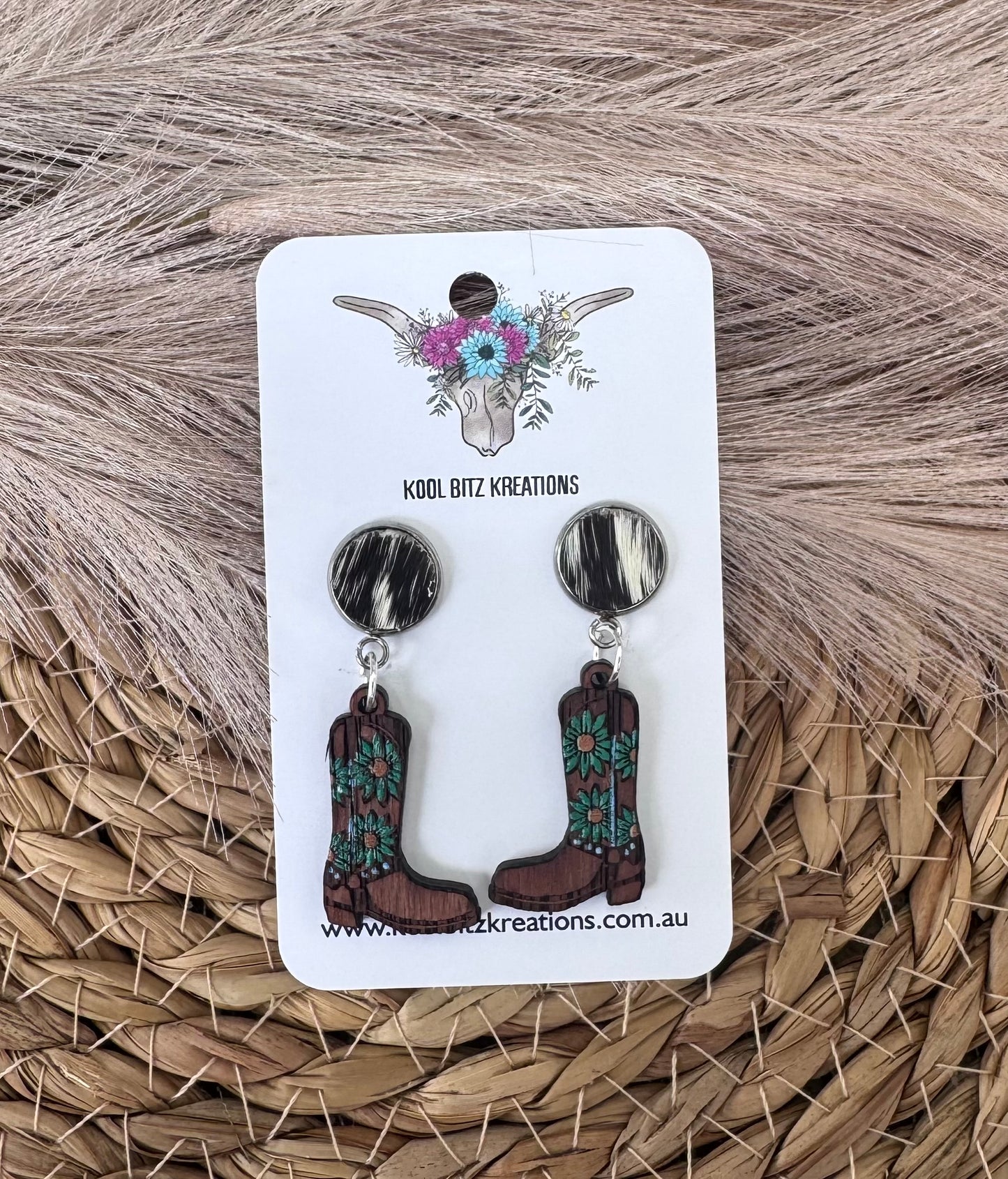 Black Cowhide Green Floral Boots