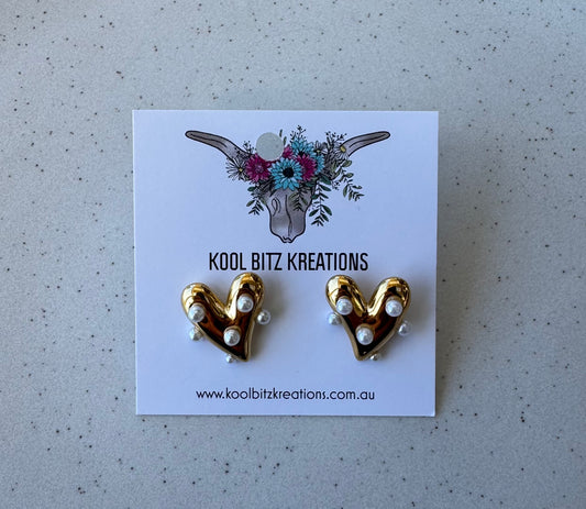 Gold Heart Studs with Pearls
