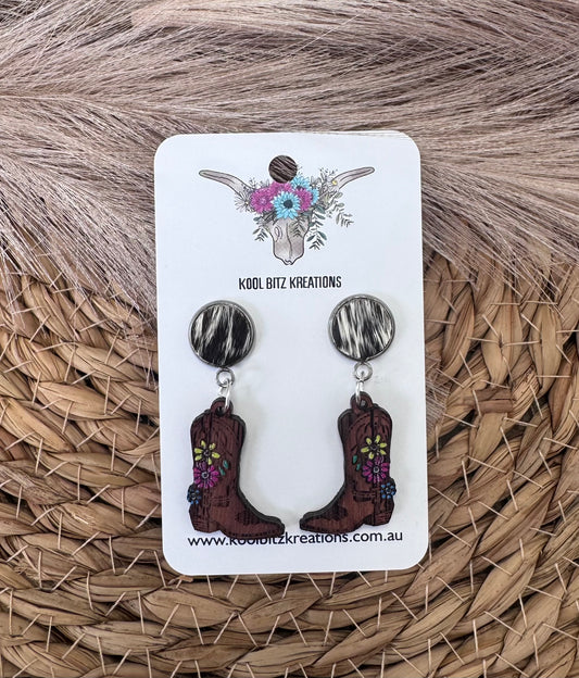 Black Cowhide Floral Boots