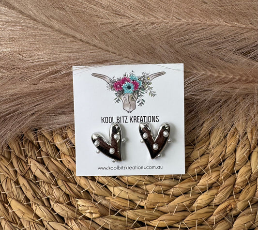 Silver Heart Studs with Pearls