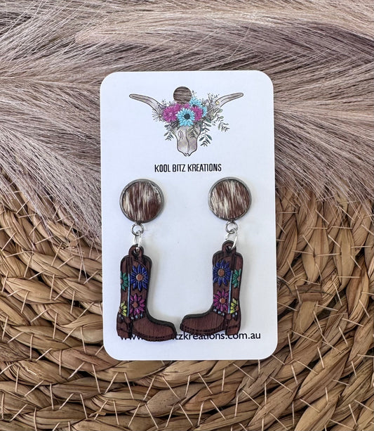 Brown Cowhide Floral Boots